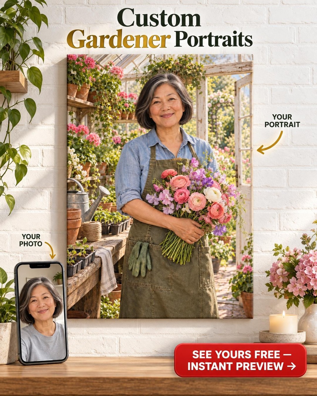 Greenhouse Potting Bench Custom Portrait | Personalized Gardener Gift