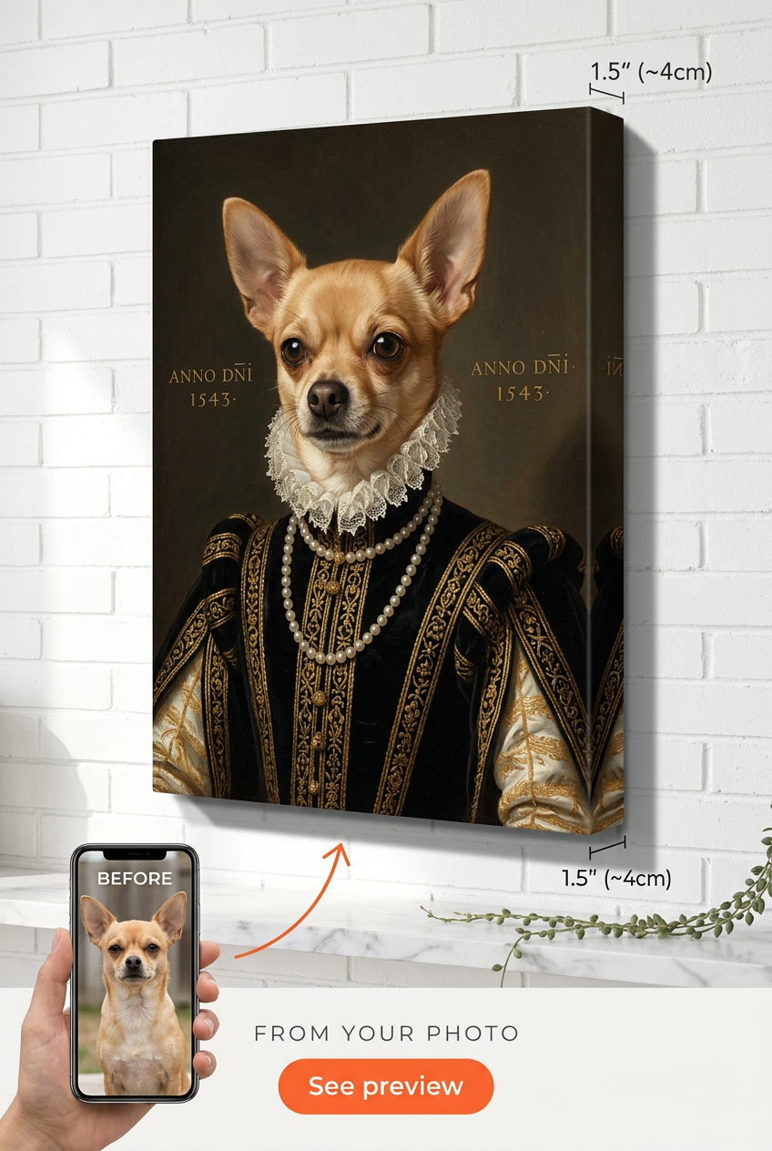 Custom Renaissance Dog Portrait — Whimsical Pet Canvas from Photo