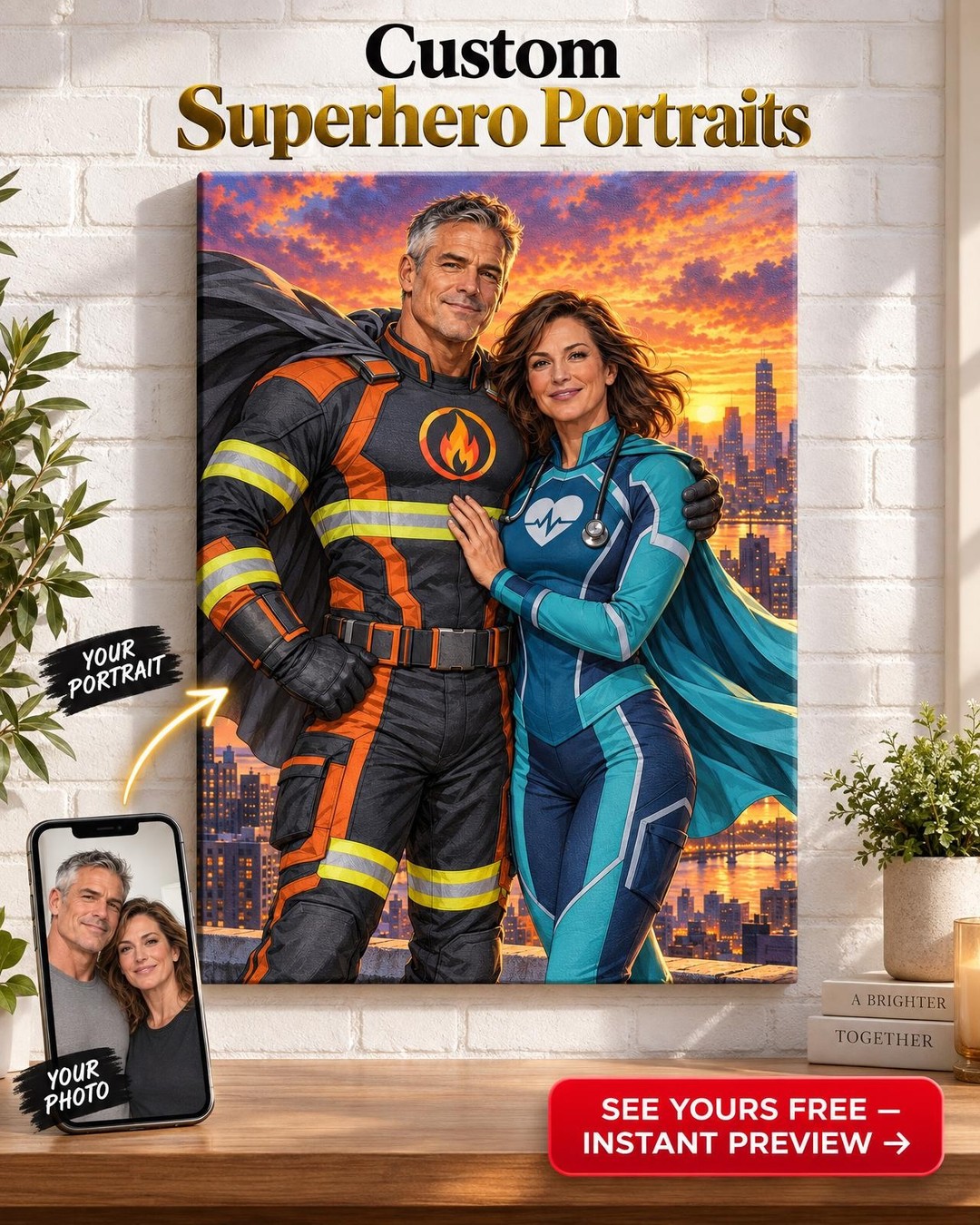 Firefighter and Nurse Superhero Custom Portrait from Photo | Personalized Superhero Portrait Gift