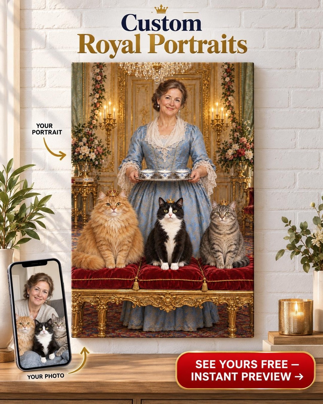 Funny Cat Lady Royal Custom Portrait from Photo | Personalized Cat Family Portrait Gift
