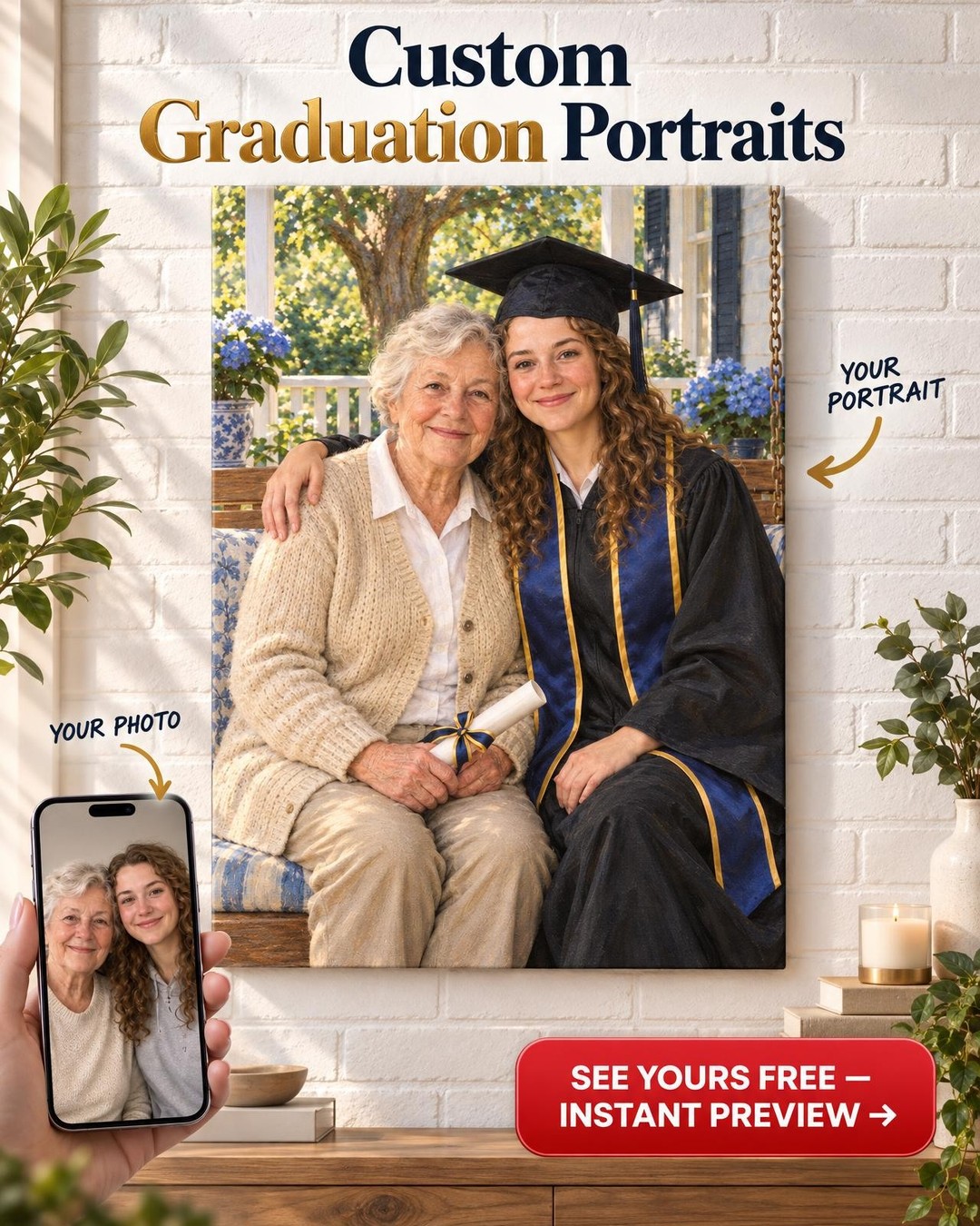 Grandparent and Graduate Custom Portrait from Photo | Personalized Graduation Gift