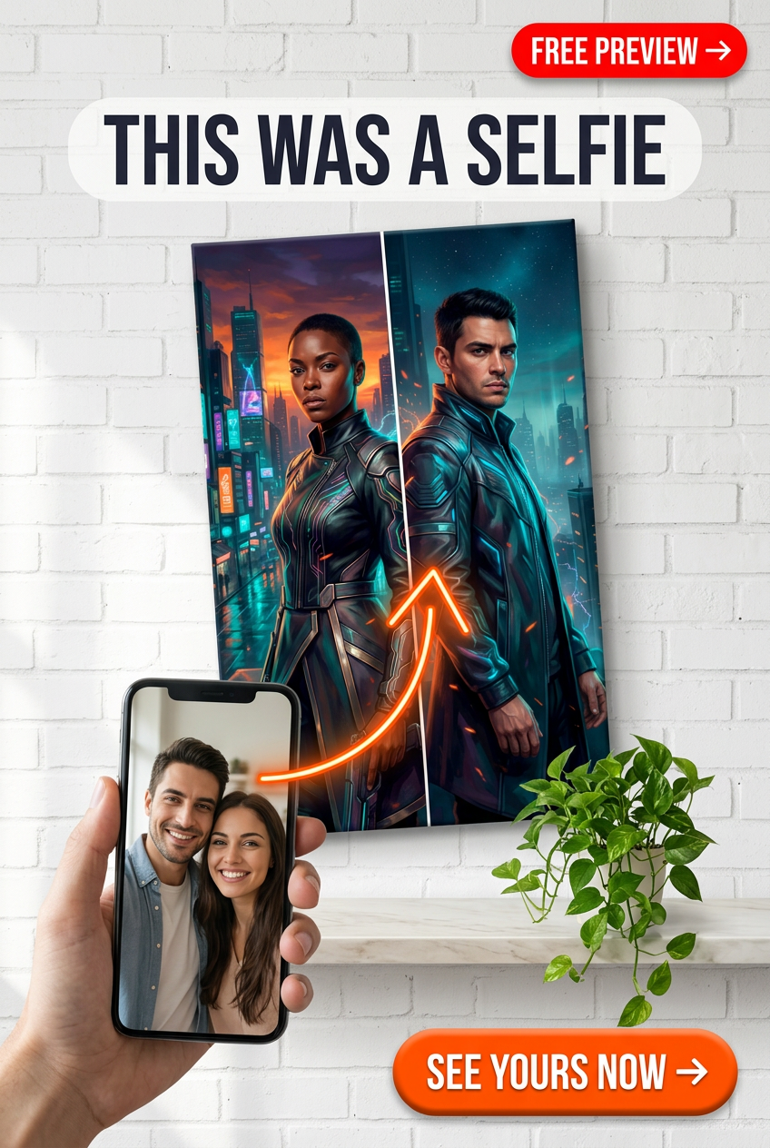 Custom Sci-Fi Couple Portrait — Neon City Canvas from Photo