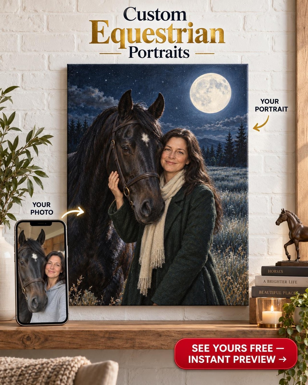 Moonlit Heart Horse Custom Portrait from Photo | Personalized Horse and Rider Gift
