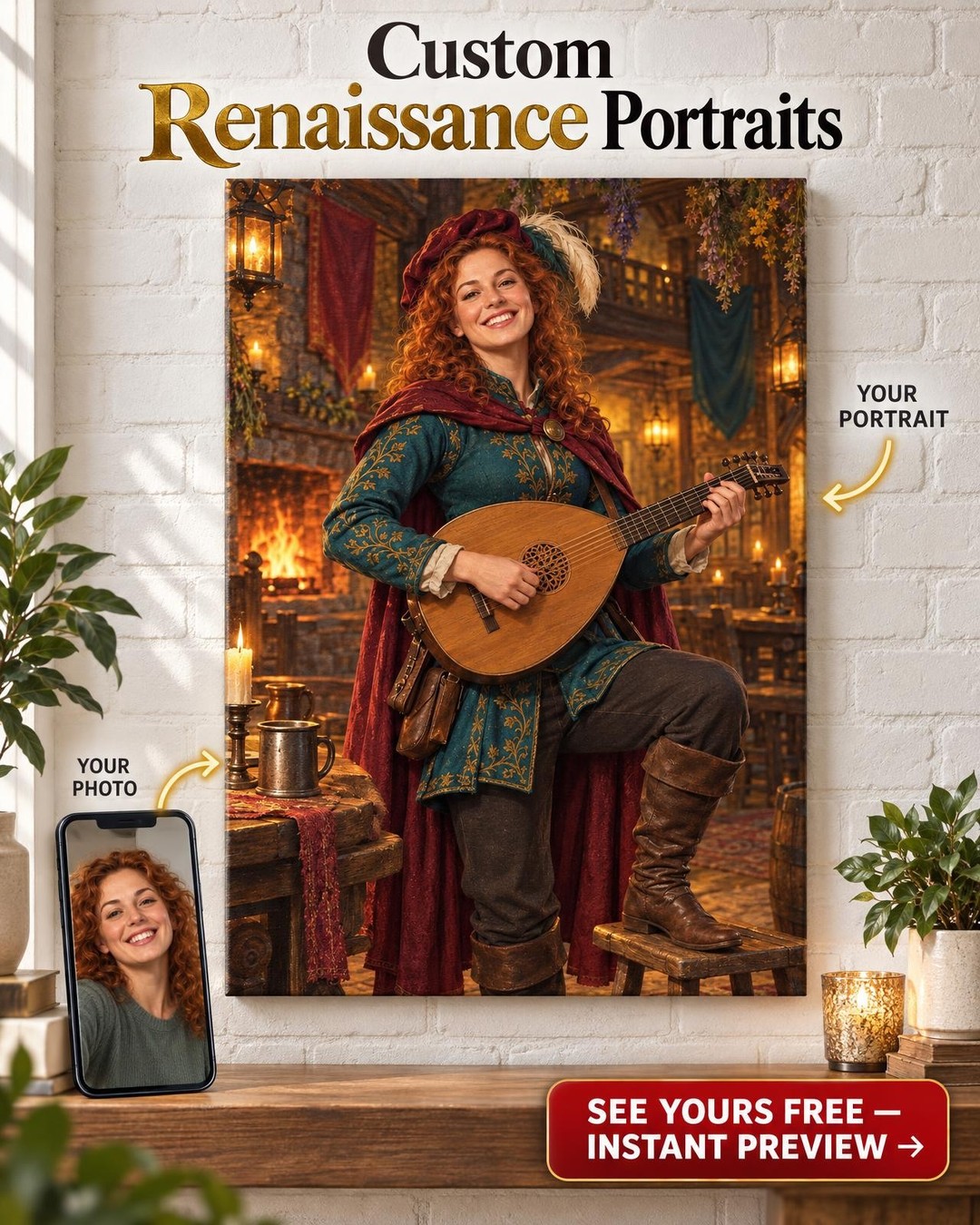 Bard Character Custom Portrait from Photo | Personalized Tabletop Fantasy Gift