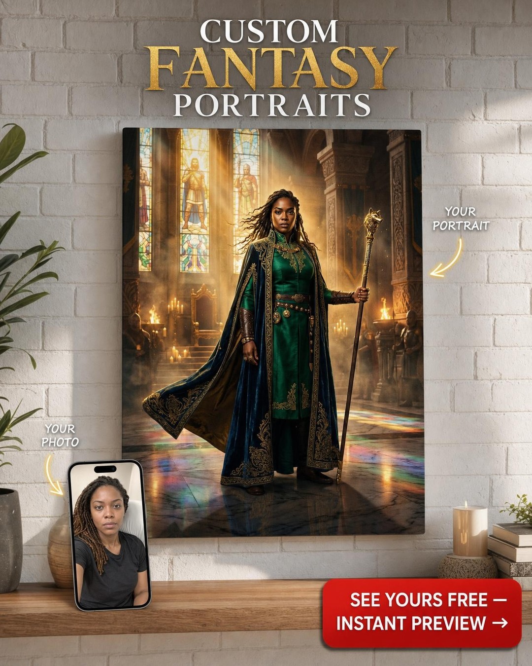 Custom Fantasy Man Portrait — Heroic Crown & Castle Canvas