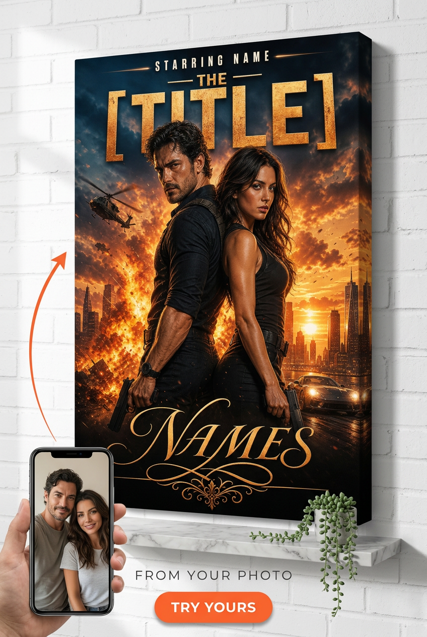 Custom Action Movie Poster Couple Portrait — Epic Adventure Canvas from Photo