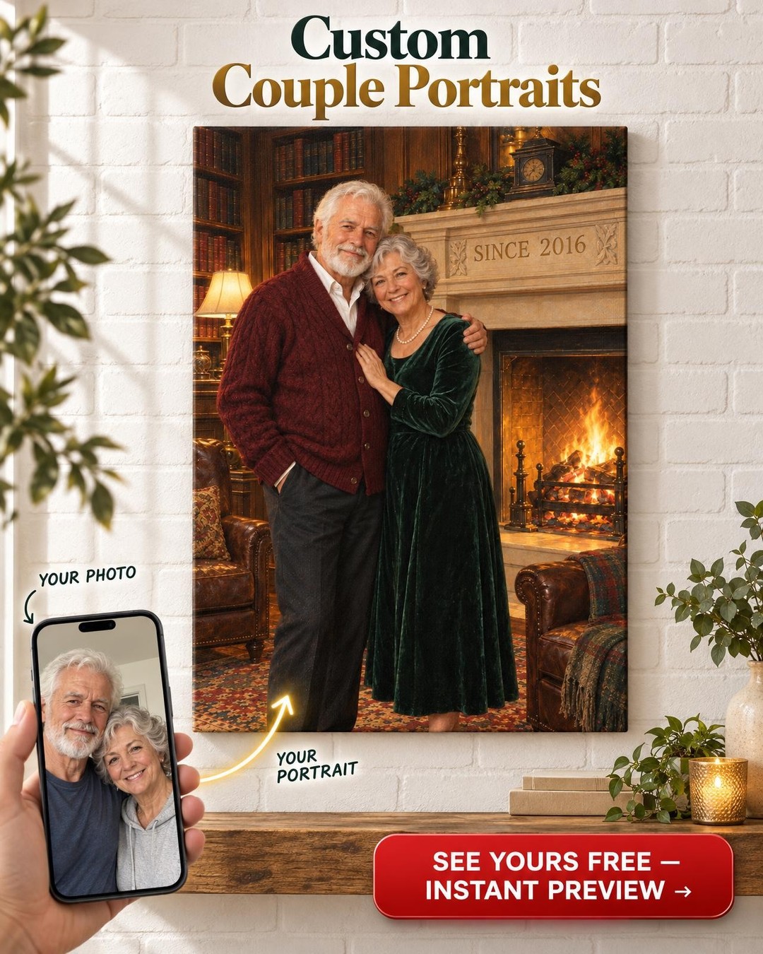 Library Fireside Custom Portrait from Photo | Personalized Found Love Gift