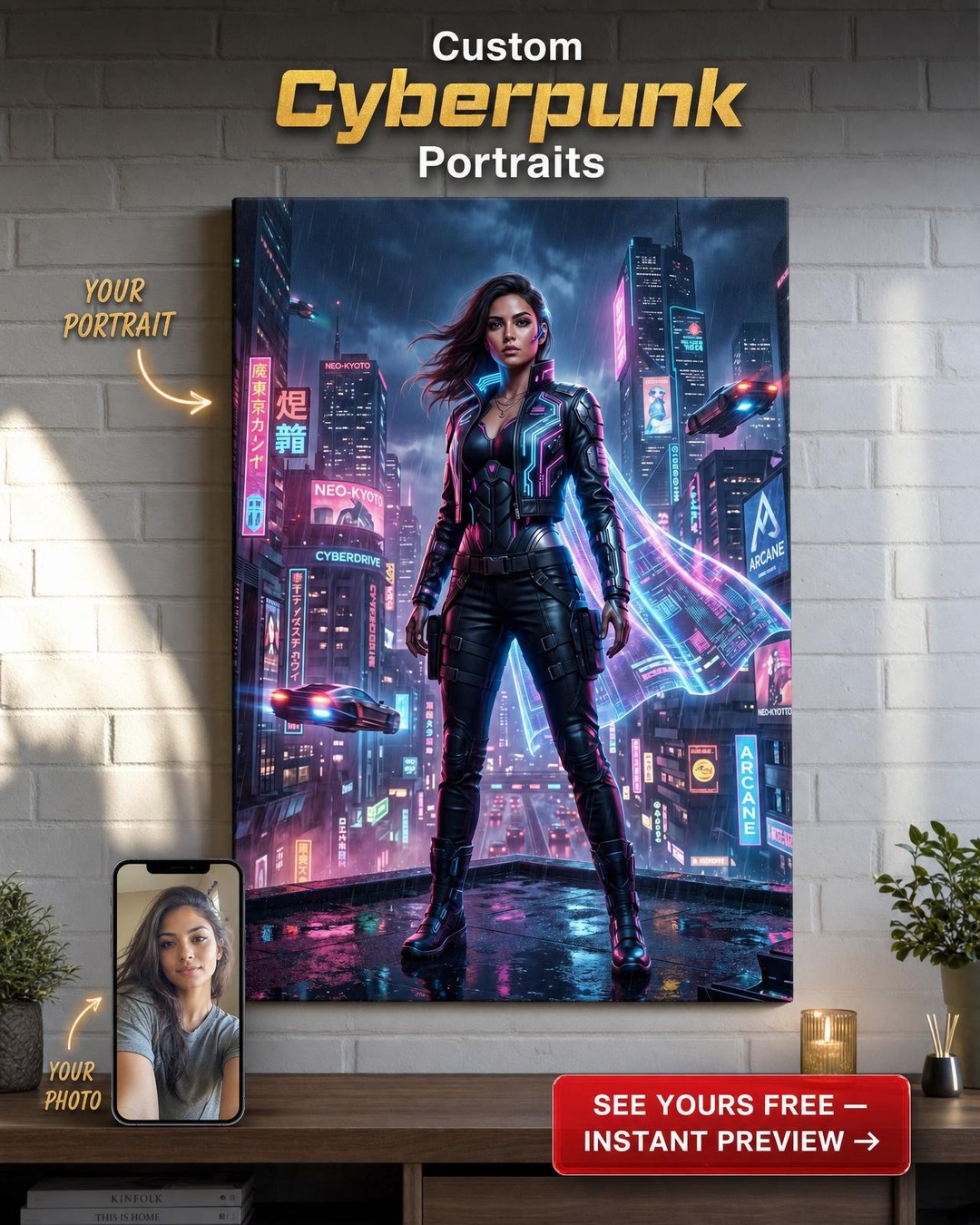 Custom Cyberpunk Woman Portrait — Heroic Neon Canvas from Photo
