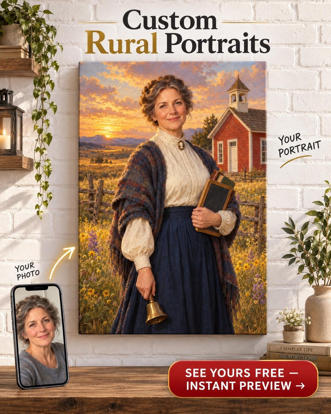 Prairie Schoolhouse Teacher Custom Portrait from Photo | Personalized Teacher Portrait Gift