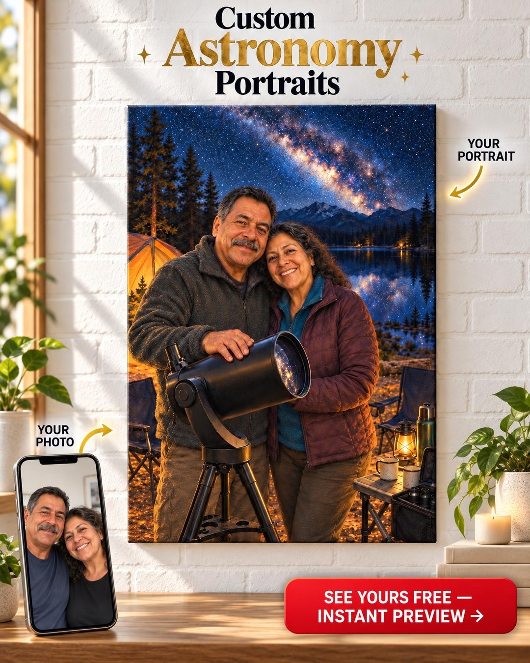 Our Telescope Night Couple Custom Portrait from Photo | Personalized Stargazing Gift