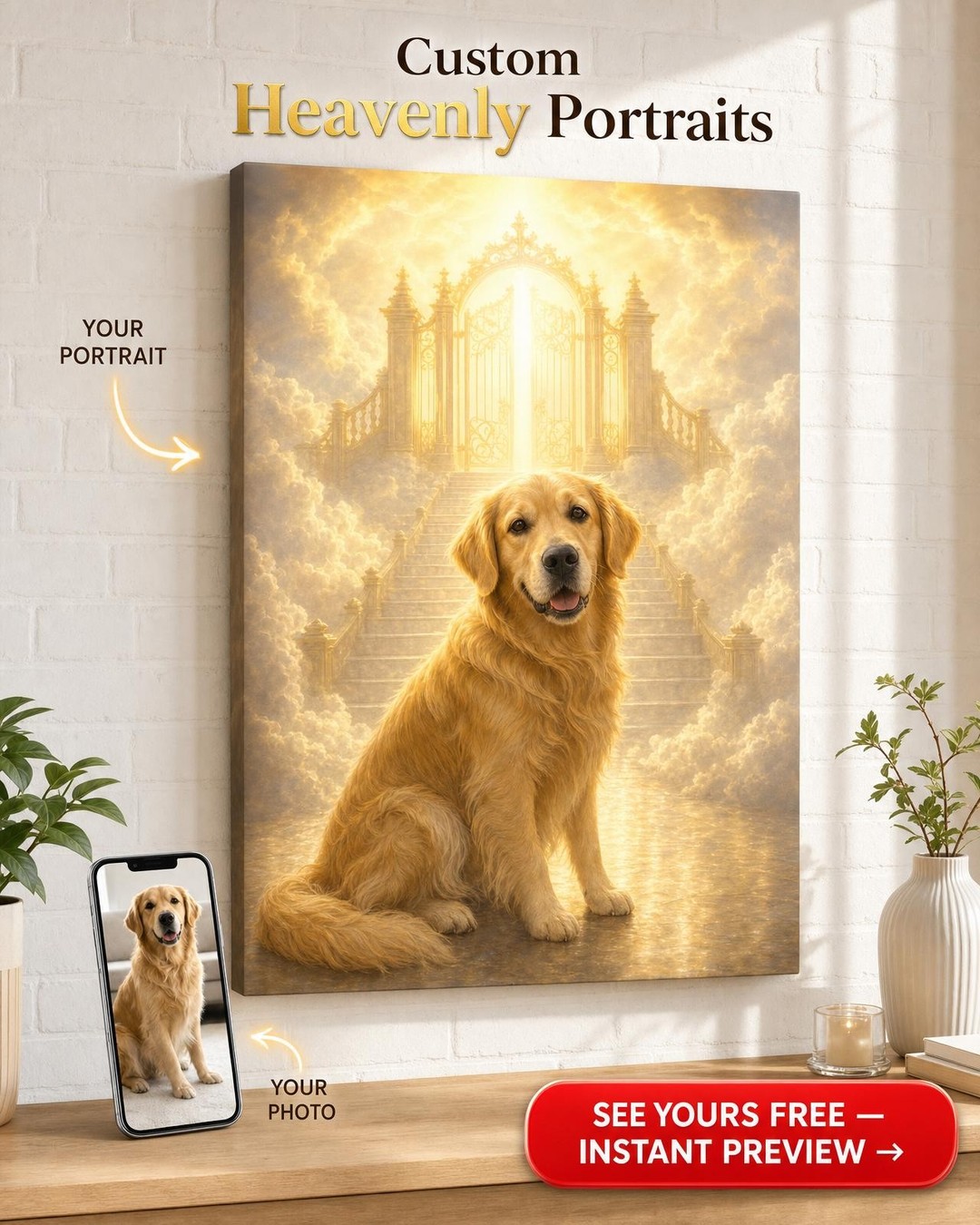 Custom Pet Memorial Portrait — Golden Retriever Heaven Gates Canvas