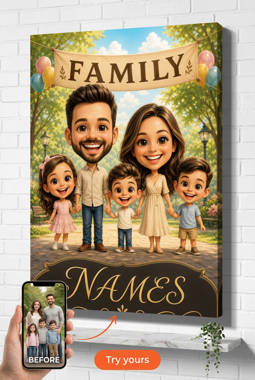 Custom Bobblehead Cartoon Family Canvas — Whimsical Family Portrait from Photo