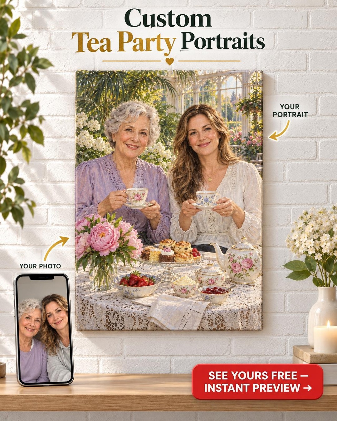 Tea for Two Custom Portrait from Photo | Personalized Tea Lover Gift