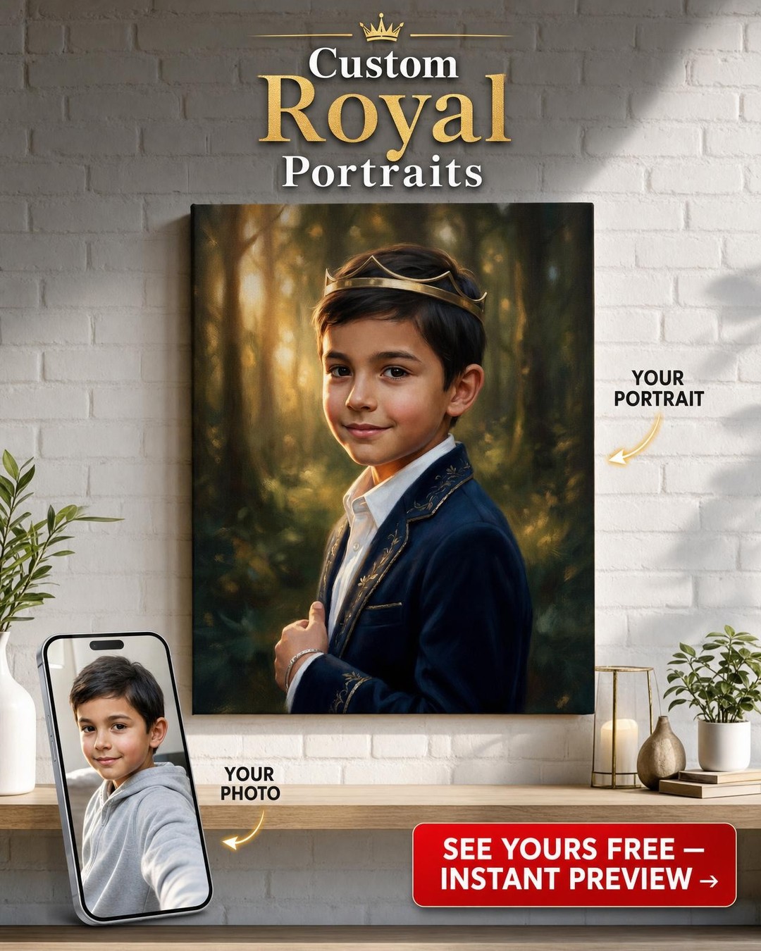 Custom Royal Boy Portrait — Regal Crown Canvas Gift