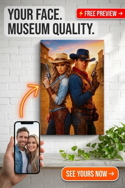 Ce portrait de costume passionnant sur le thème de l'Ouest met en scène un couple élégant, expertement