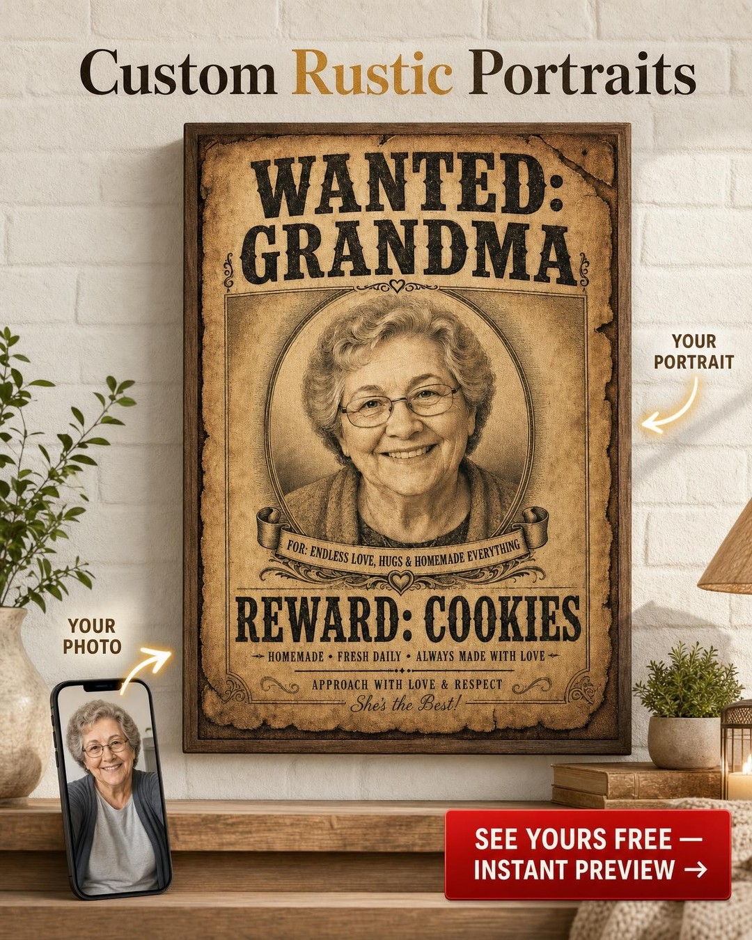 Most Wanted Grandma Custom Portrait from Photo | Personalized Canvas Gift