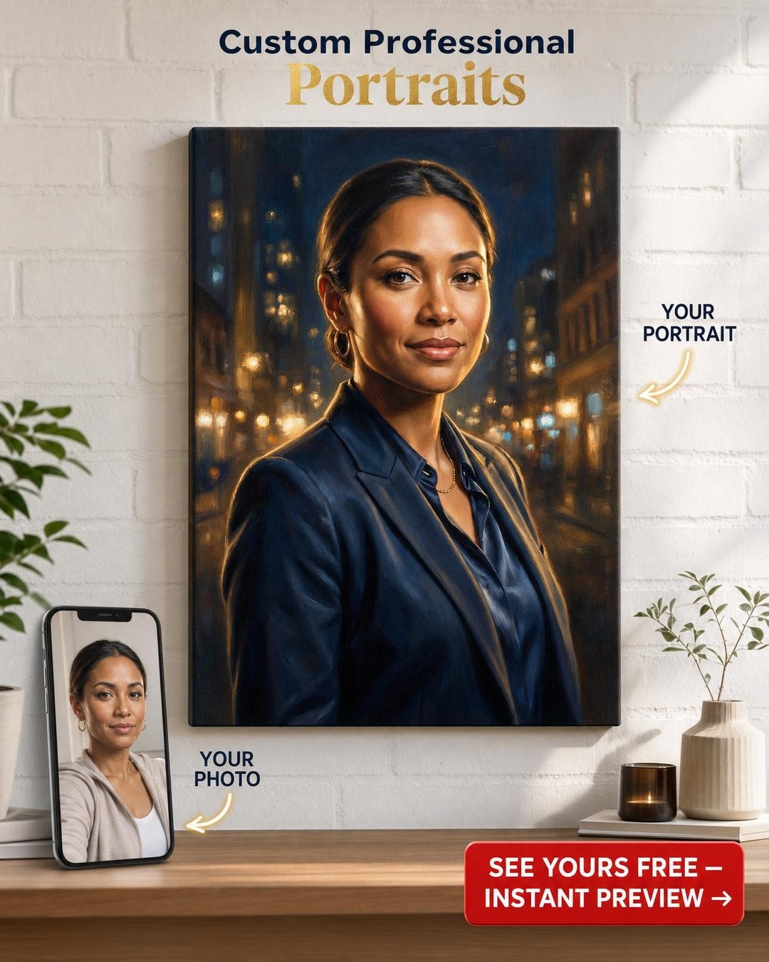 Custom Renaissance Woman Portrait — Regal City Lights Canvas
