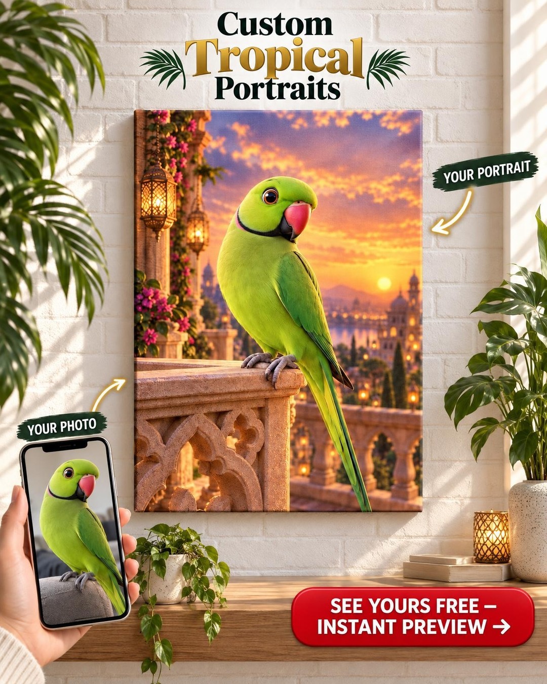 Custom Pixar-Style 3D Indian Ringneck Portrait from Photo | Personalized Bird Gift