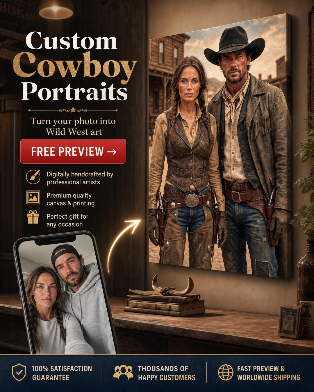 Custom Cowboy Couple Portrait — Heroic Western Canvas