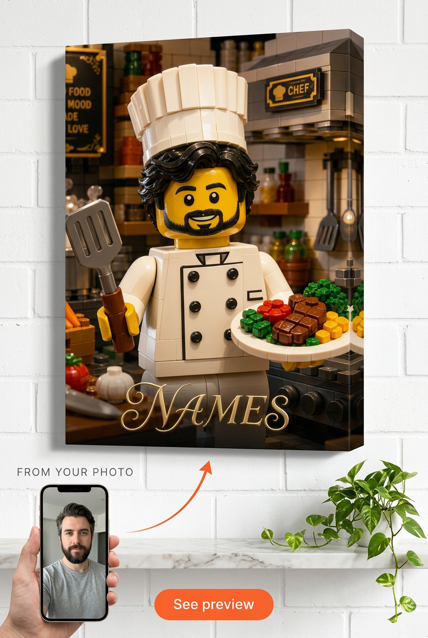 Custom Brick Minifigure Chef Portrait from Photo | Personalized Unique Gift