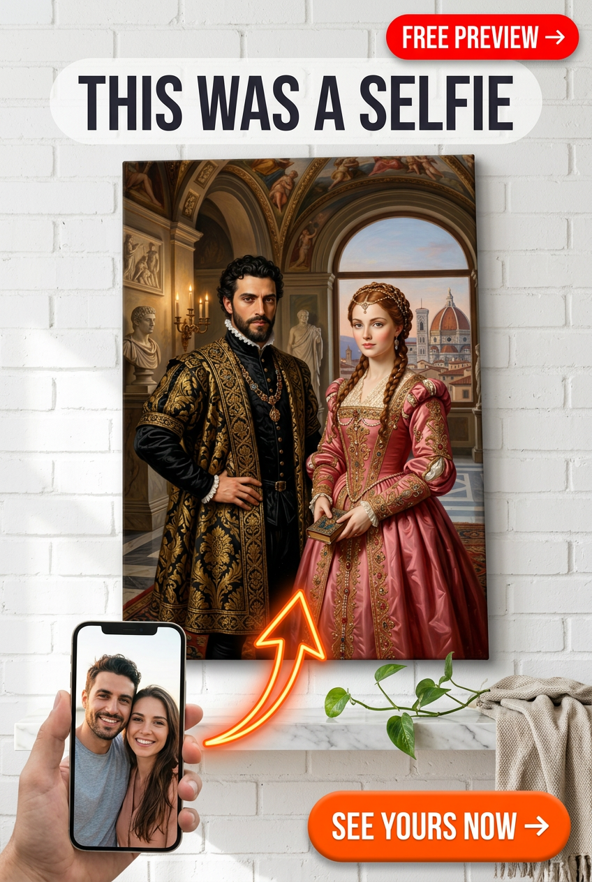 Custom Renaissance Couple Portrait — Regal Crown & Ornate Palace Canvas