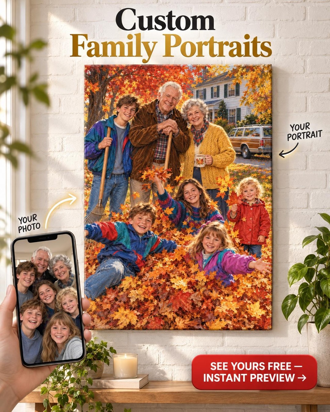 Jumping in Leaves Custom Portrait from Photo | Personalized Grandkids Gift
