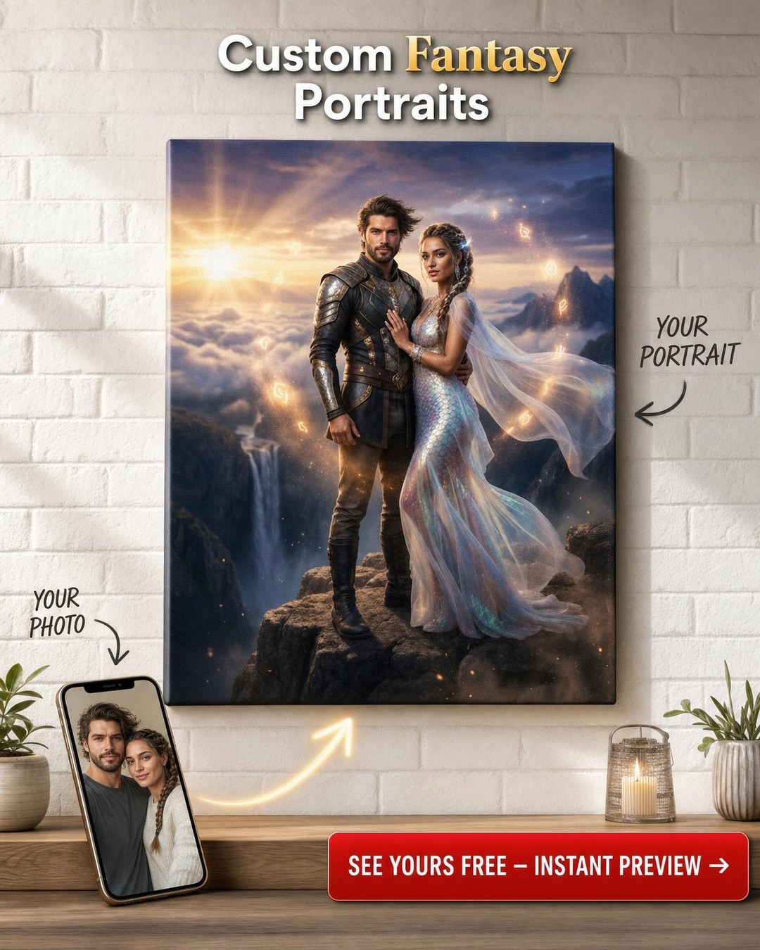 Custom Fantasy Couple Portrait — Romantic Armor & Clouds Canvas