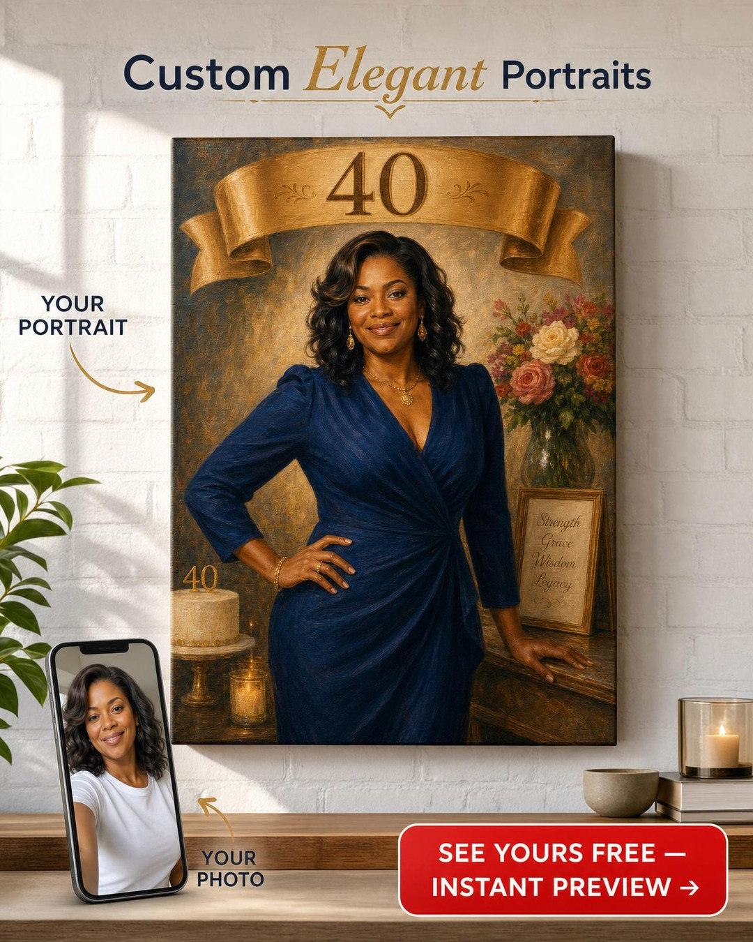 Custom Birthday Single Woman Portrait — Regal Elegance from Photo