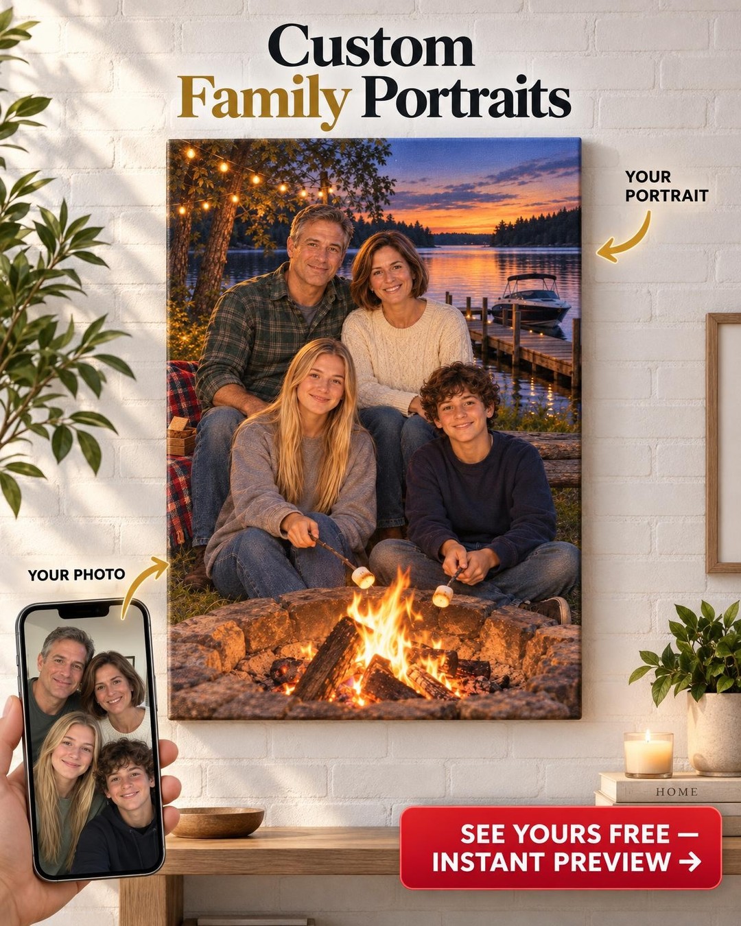 Lakeside Campfire Custom Portrait from Photo | Personalized Lake Life Gift