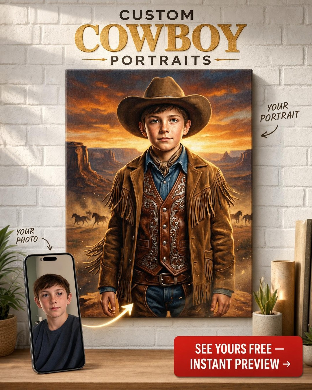Custom Cowboy Boy Portrait — Heroic Desert Adventure Canvas