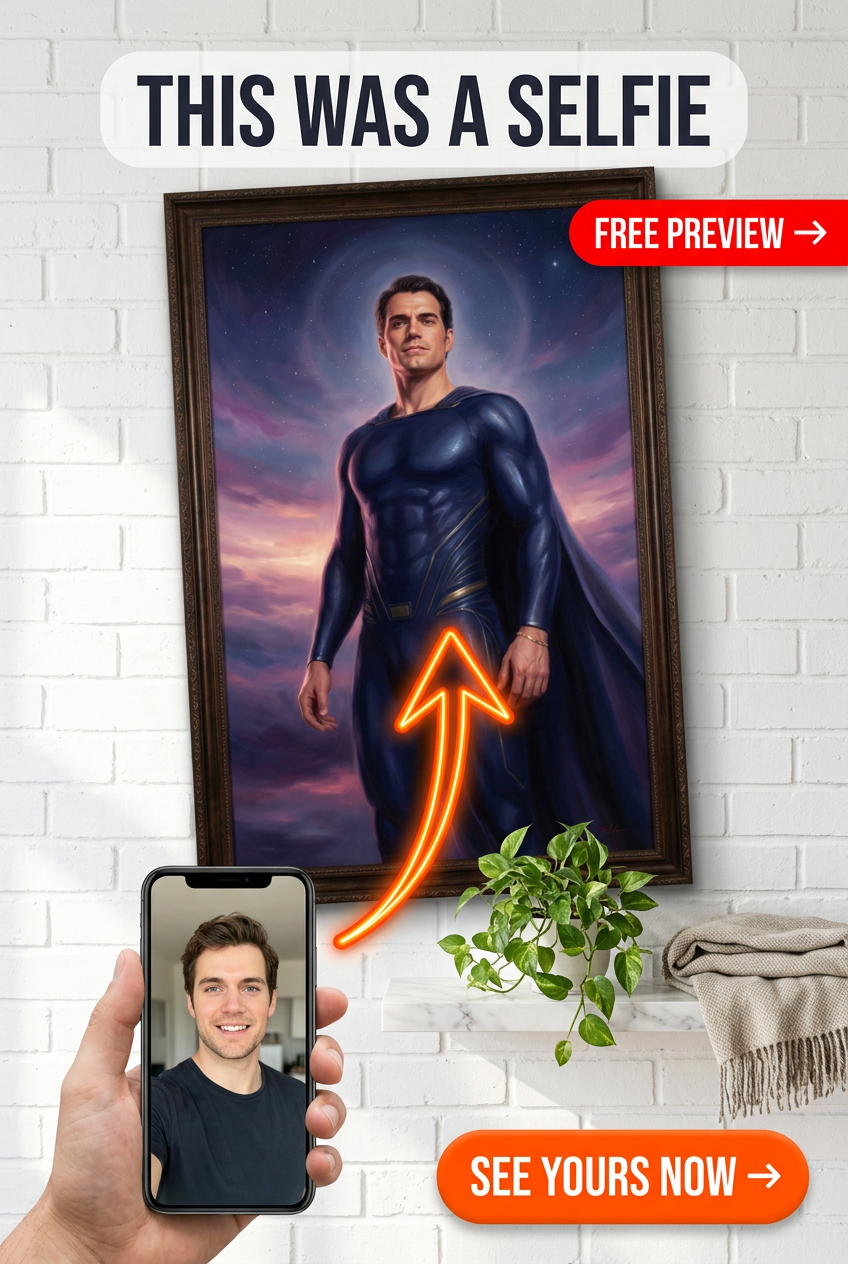 Custom Superhero Man Portrait — Heroic Cape Canvas from Photo