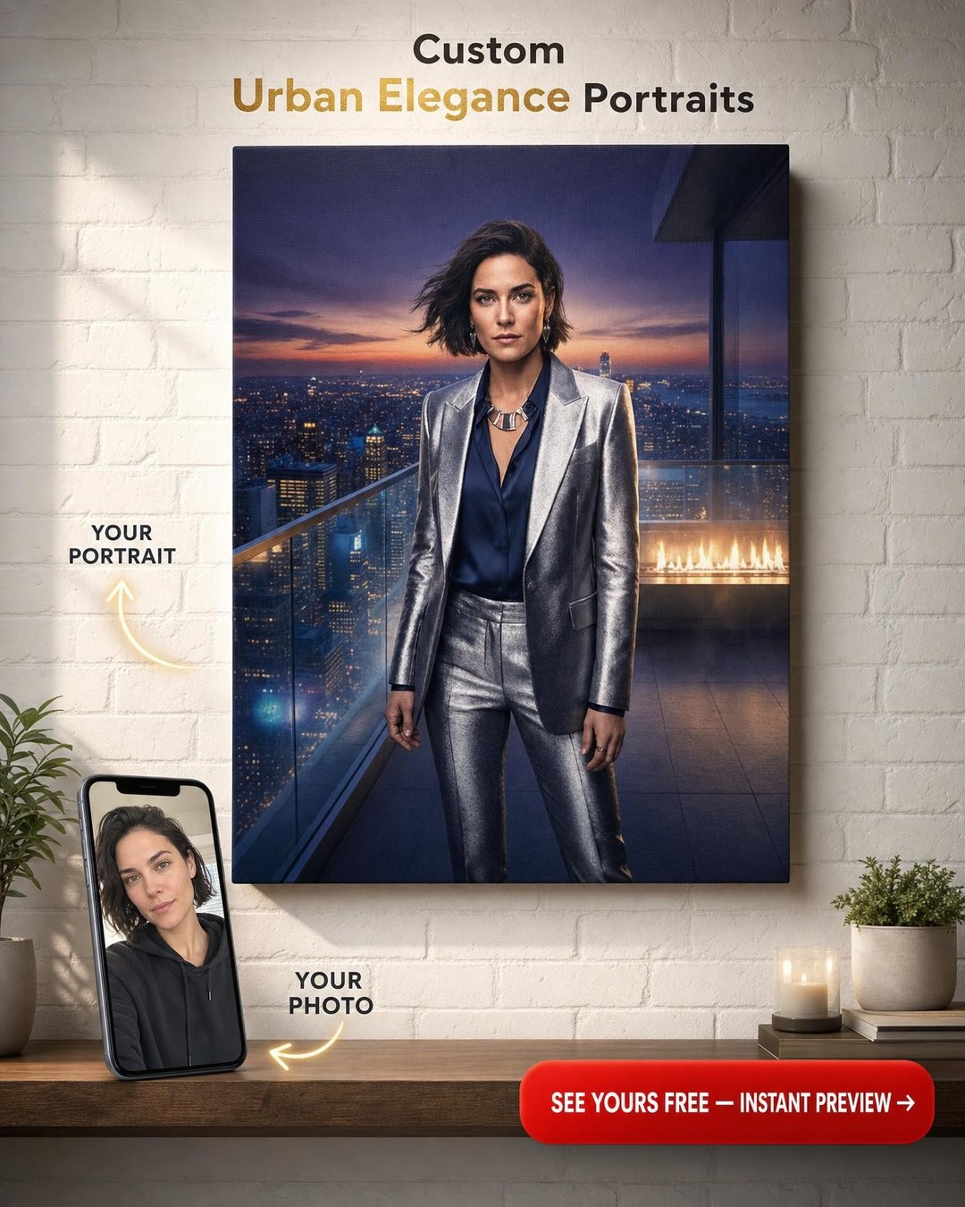 Custom Sci-Fi Woman Portrait — Heroic City Skyline Canvas