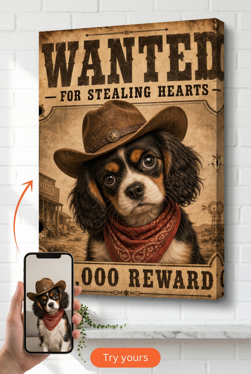 Custom Wanted Poster — Rustic Pet Portrait Canvas from Photo