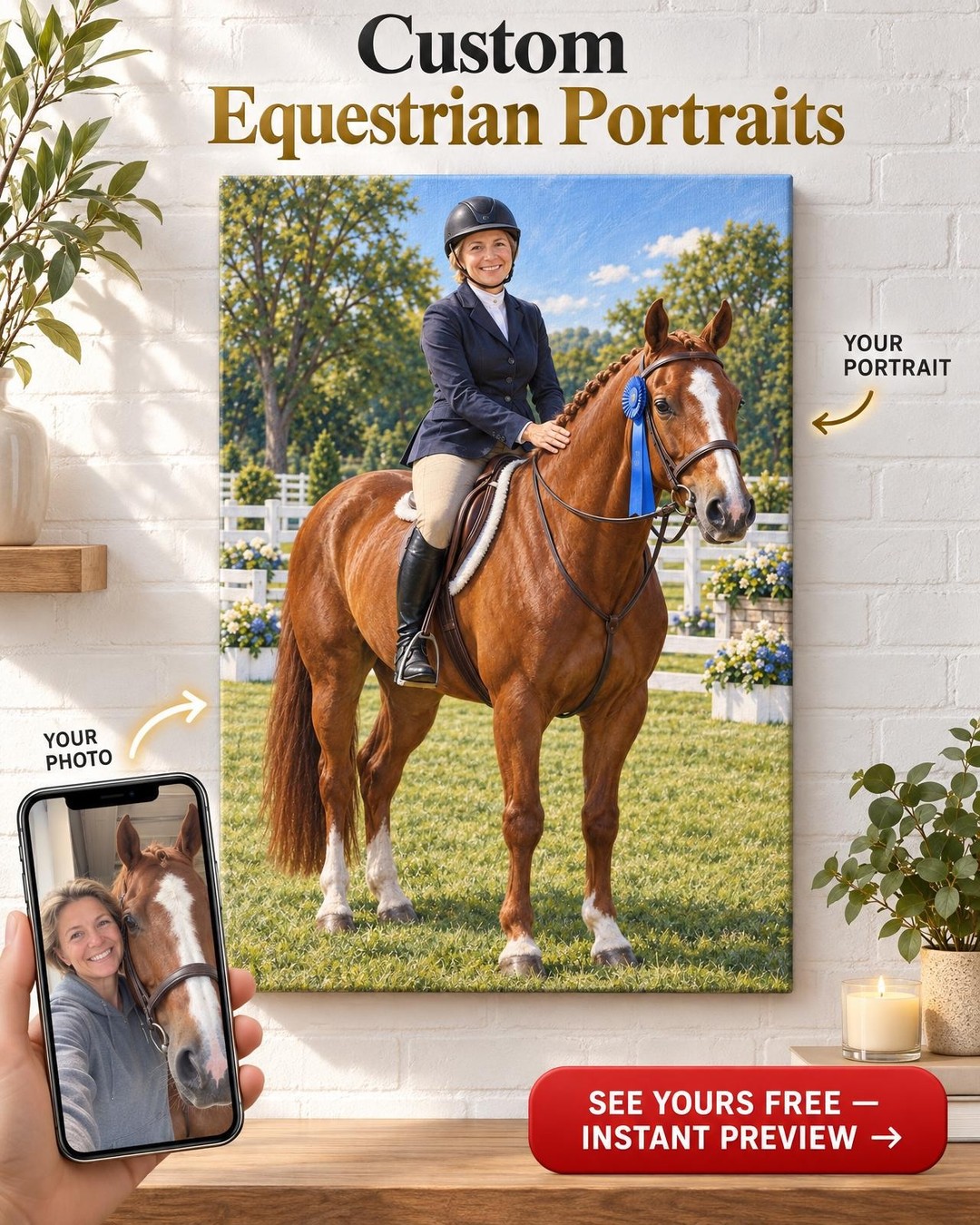 Blue Ribbon Show Day Horse Custom Portrait from Photo | Personalized Horse and Rider Gift