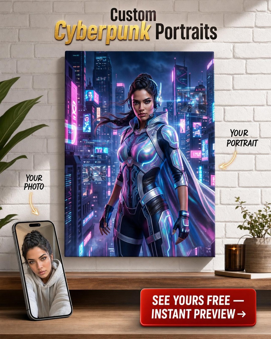 Custom Cyberpunk Single Man Portrait — Heroic Neon Canvas from Photo