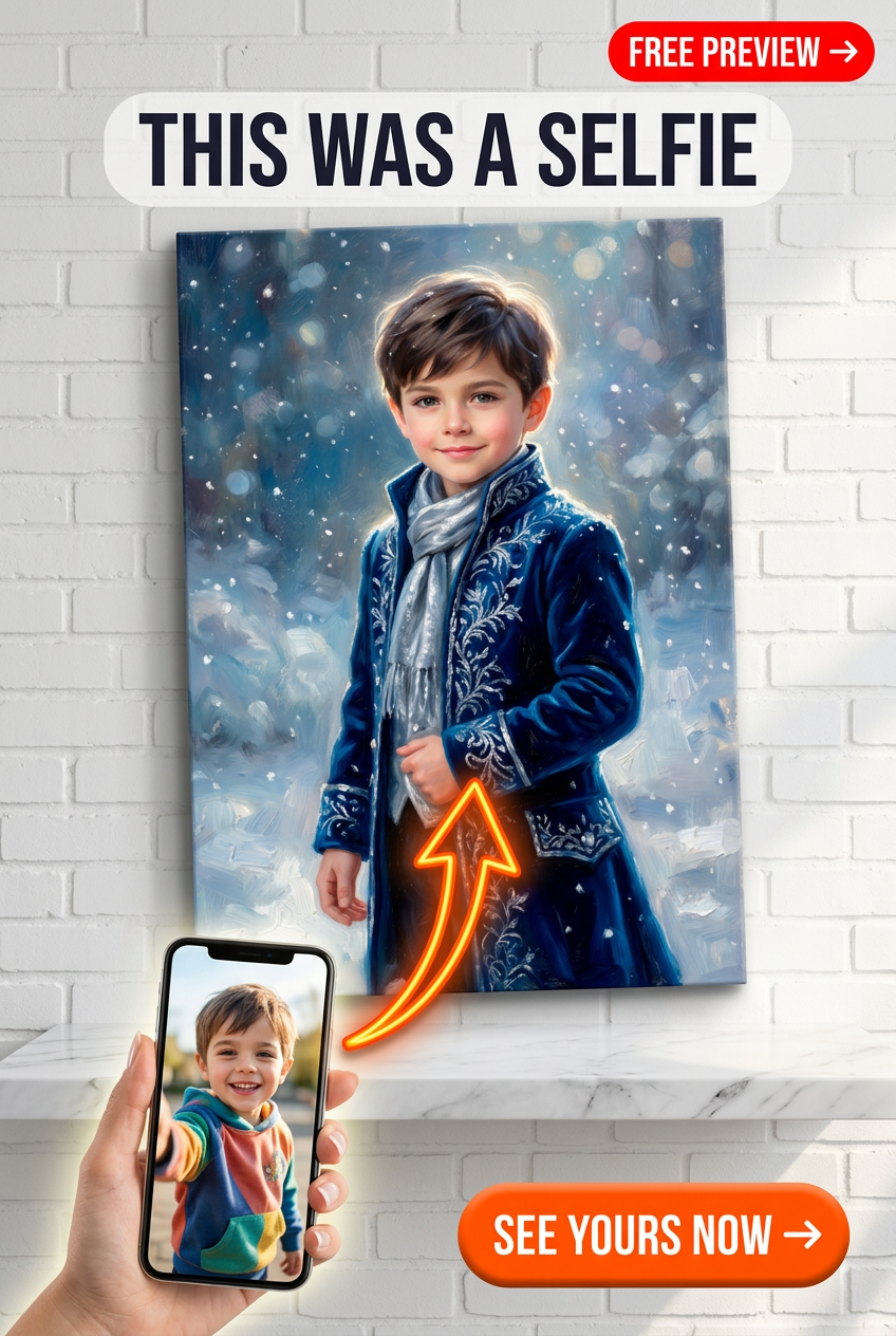 Custom Winter Boy Portrait — Whimsical Snow Scene Canvas from Photo