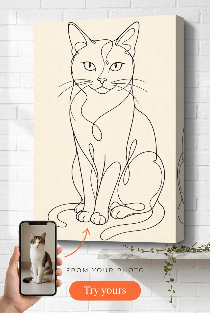 Custom Cat Line Drawing Portrait — Serene Minimalist Canvas from Photo