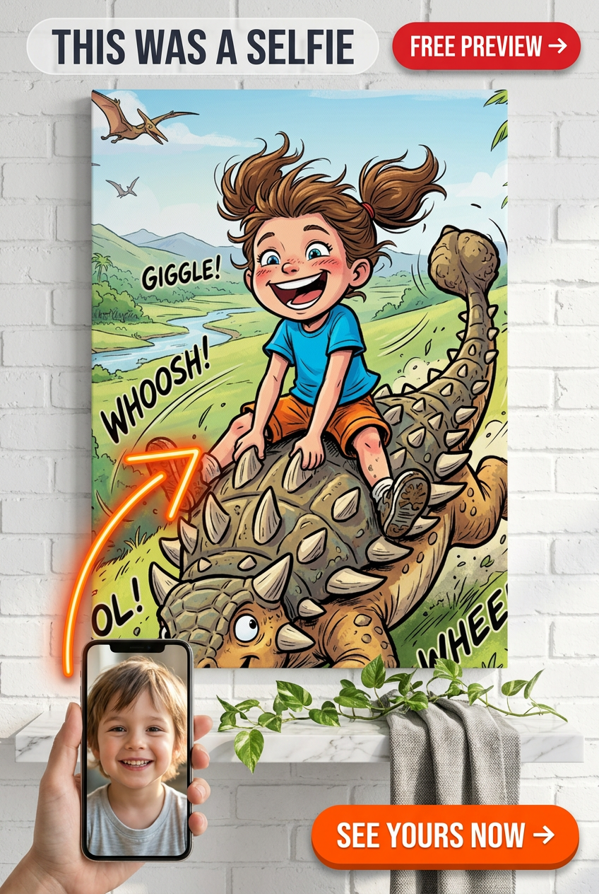 Custom Cartoon Girl Portrait — Whimsical Dinosaur Adventure Canvas