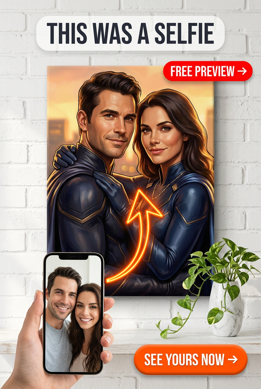 Custom Superhero Couple Portrait — Whimsical Romance Canvas
