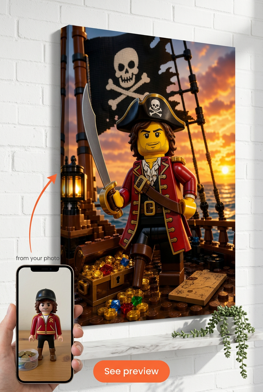 Custom Brick Minifigure Caribbean Pirate Crew Portrait from Photo | Personalized Gift