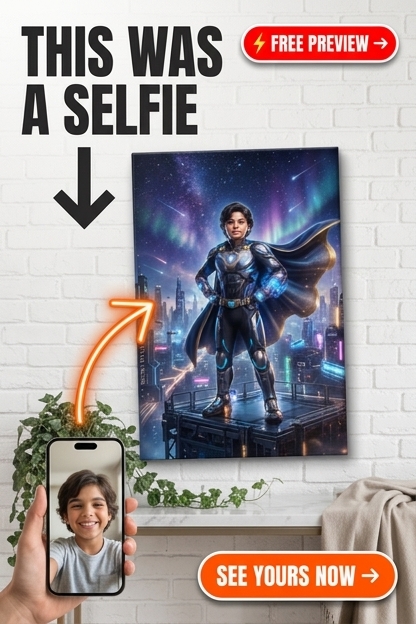 Custom Superhero Boy Portrait — Heroic Cape & Cityscape Canvas