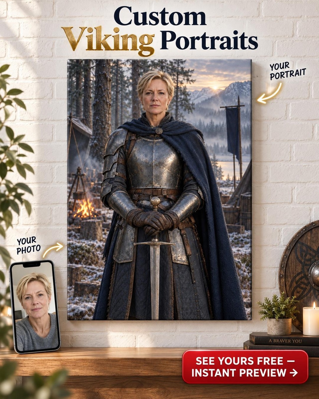 Woman Knight Custom Portrait from Photo | Personalized For Her Gift