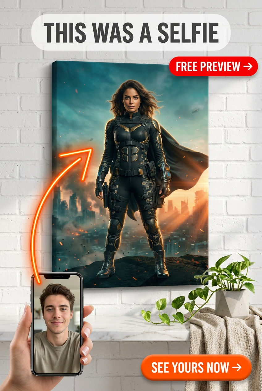 Custom Superhero Man Portrait — Heroic City Canvas from Photo
