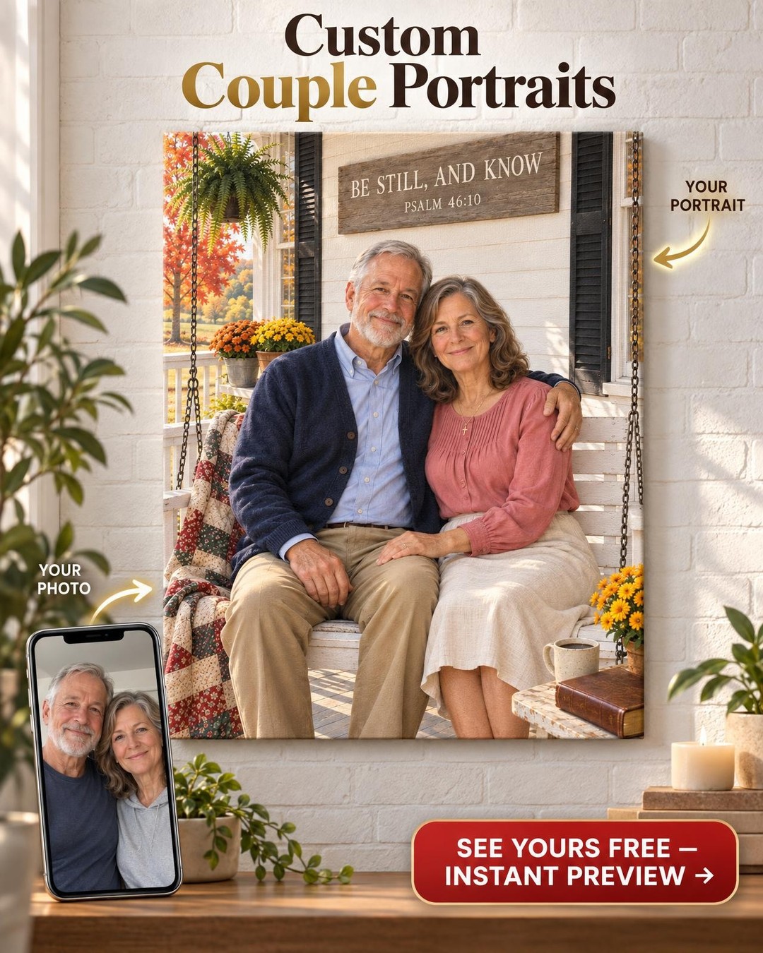 Farmhouse Porch Couple Custom Portrait from Photo with Bible Verse | Personalized Faith Family Gift