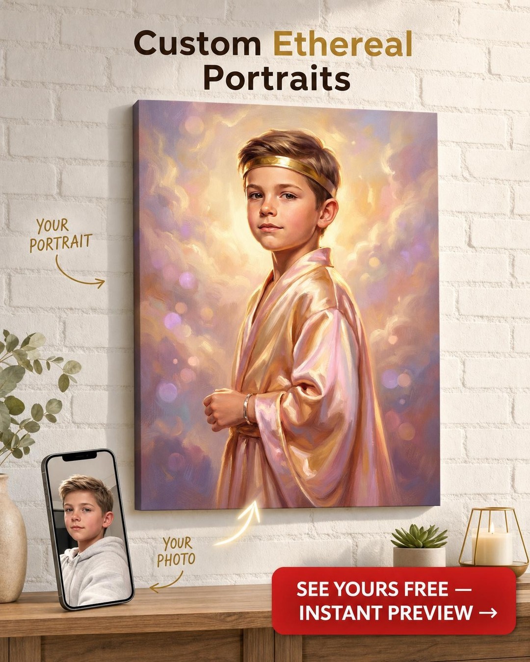 Custom Royal Boy Portrait — Whimsical Robe & Headband Canvas