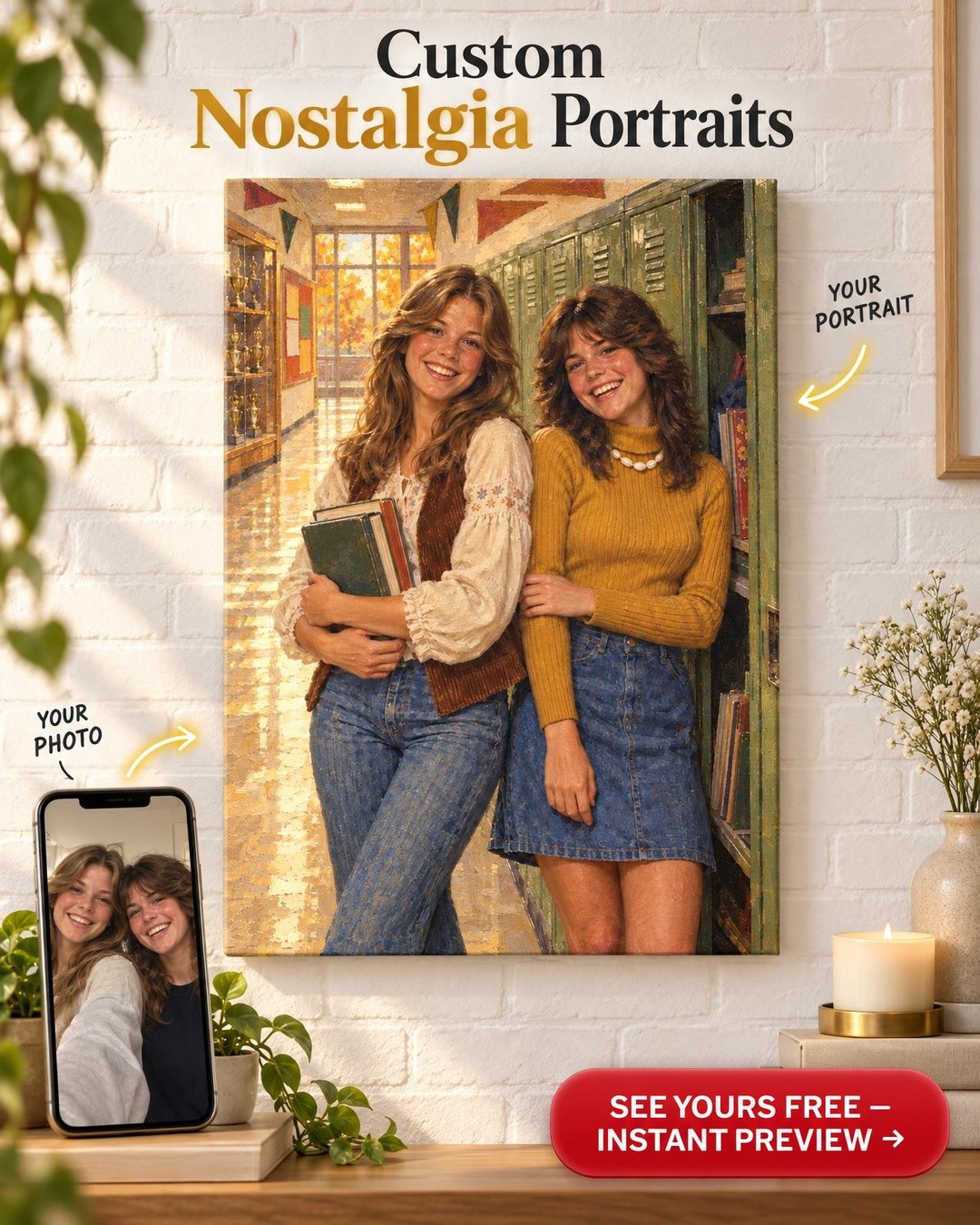 Where We Met 1979 Best Friends Custom Portrait from Old Photo | Friendship Anniversary Gift