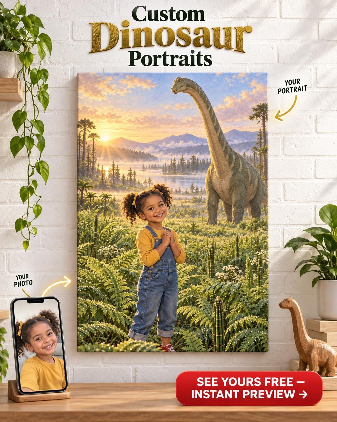 Gentle Giant Dinosaur Custom Portrait from Photo | Personalized Dinosaur Portrait Gift