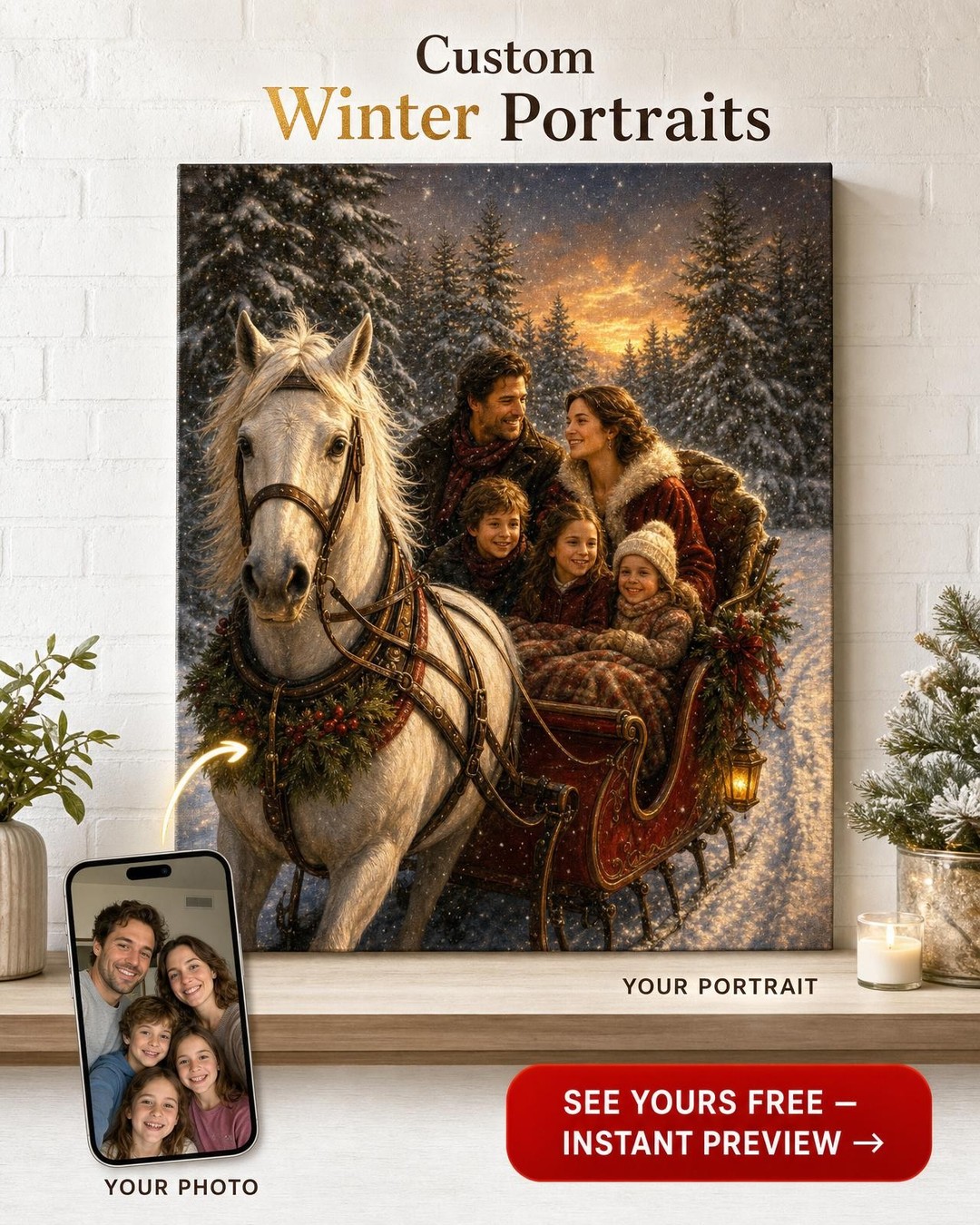 Custom Christmas Family Portrait — Festive Sleigh Ride from Photo