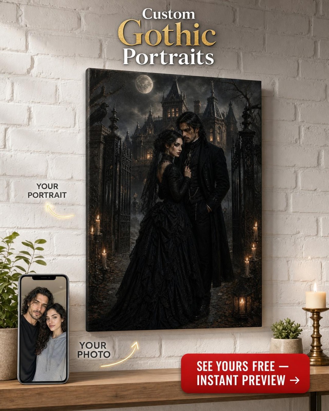 Gothic Victorian Couple Custom Portrait from Photo | Personalized Canvas Gift