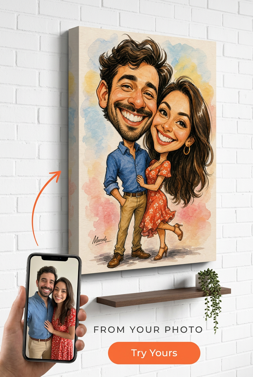 Custom Caricature Couple Portrait — Whimsical Canvas from Photo